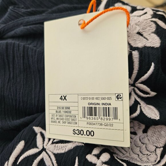 Knox Rose Womens 4X Navy Embroidered Peasant Top Short Flutter Sleeves Casual - Picture 10 of 11